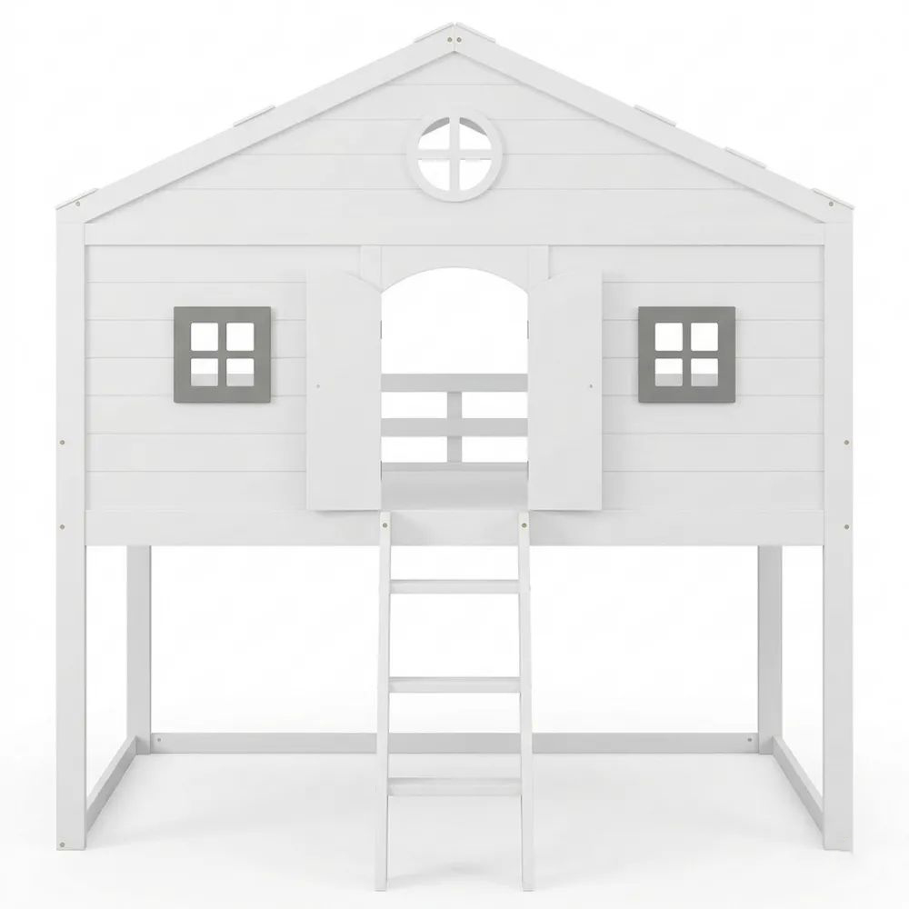 Etagenbett für Kinder mit Leiter und Sicherheitsgeländer, Hausdesign mit Dach und Fenster, platzsparend