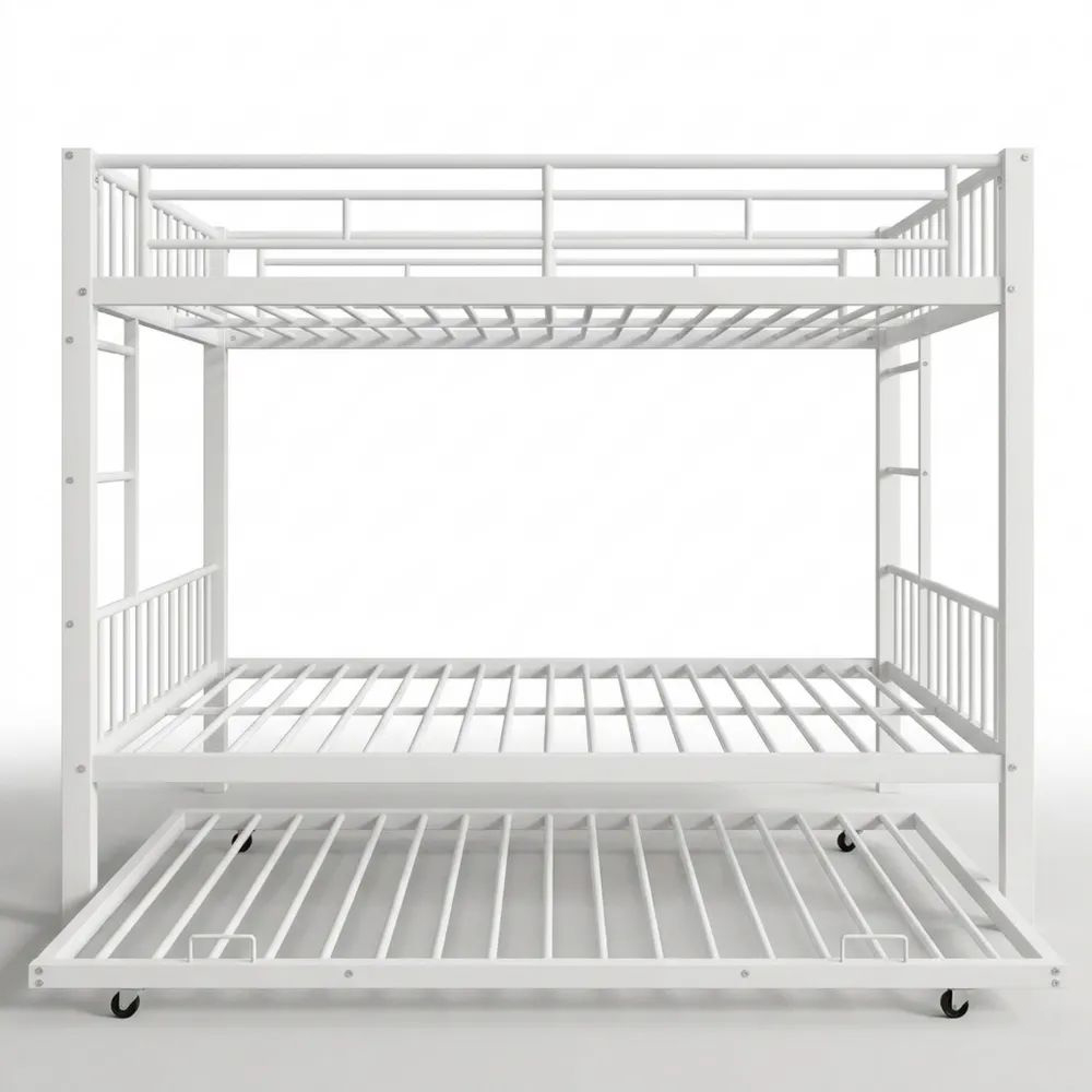 Hochbett mit Ausziehbett und hohem Geländer, Weiß, 140x200cm