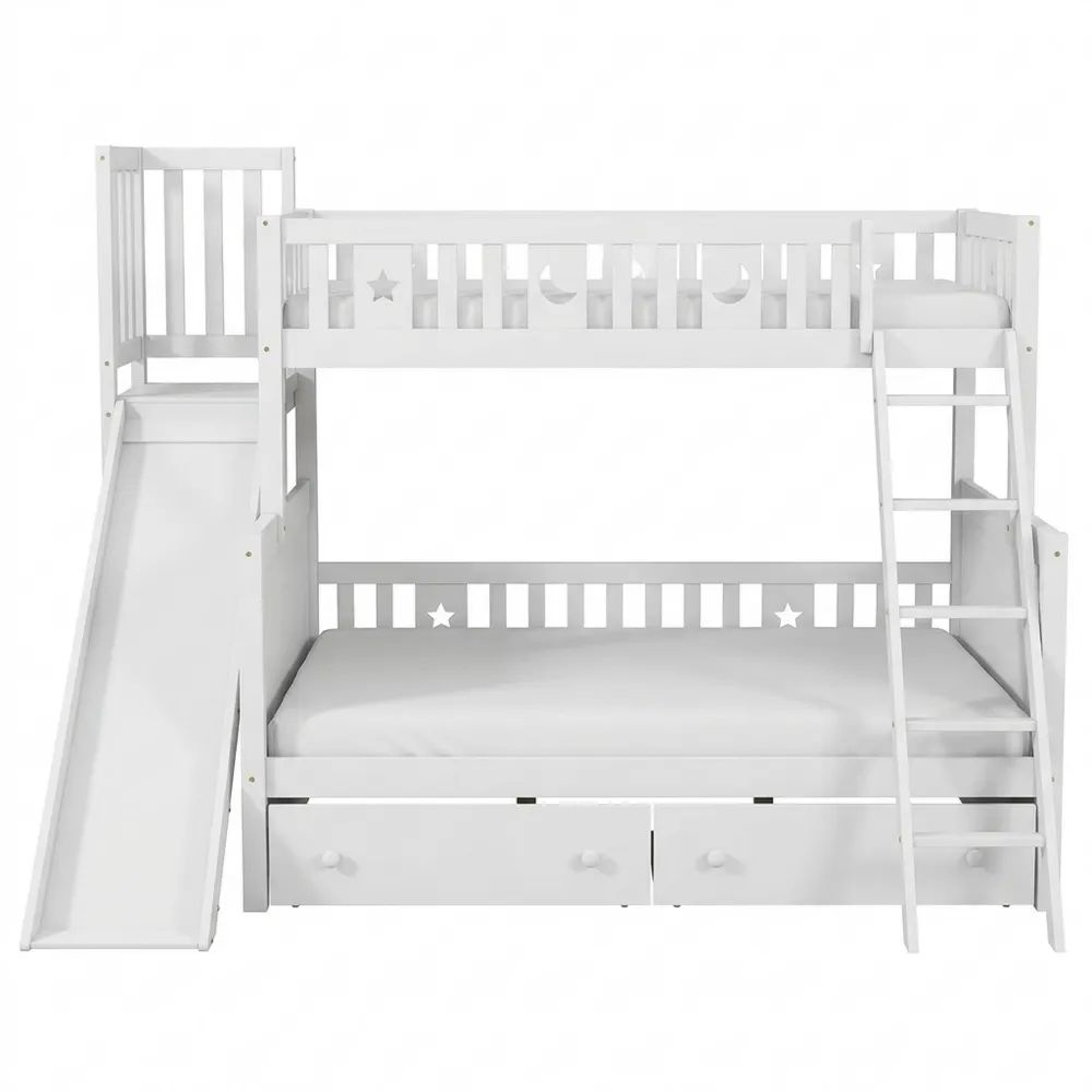 Kinder-Etagenbett mit Rutsche und Stauraum, fallsicheres Geländer, 140x200 cm, Weiß