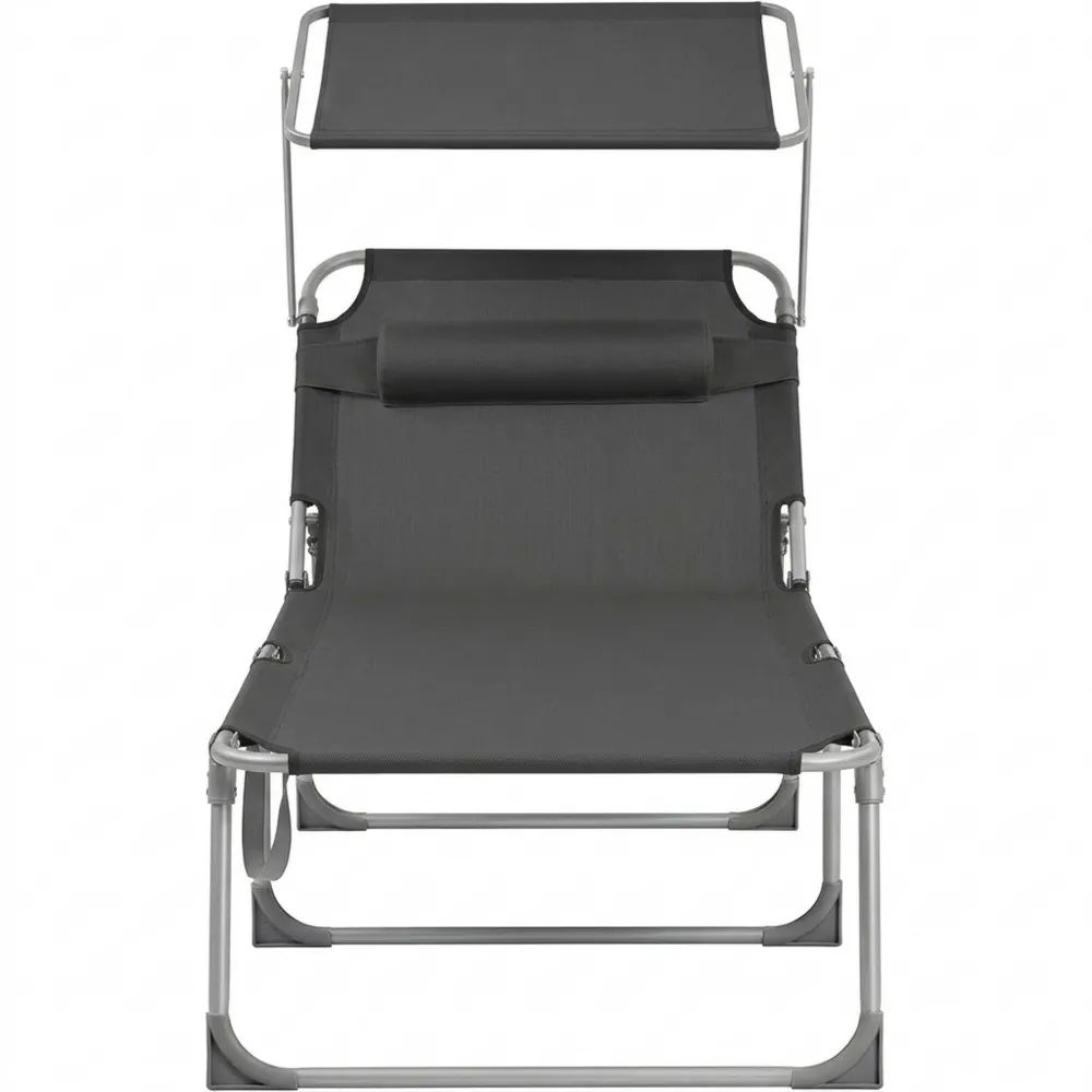 Klappbare Sonnenliege mit Sonnenblende und verstellbarer Rückenlehne, 200 x 71 x 38 cm, Belastbarkeit 150 kg, für Garten, Pool, Terrasse, Dunkelgrau