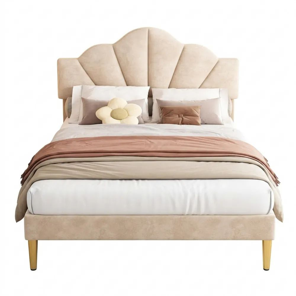 Bequemes Einzelbett 140x200 cm mit verstellbarem Kopfteil und Lattenrost, Beige