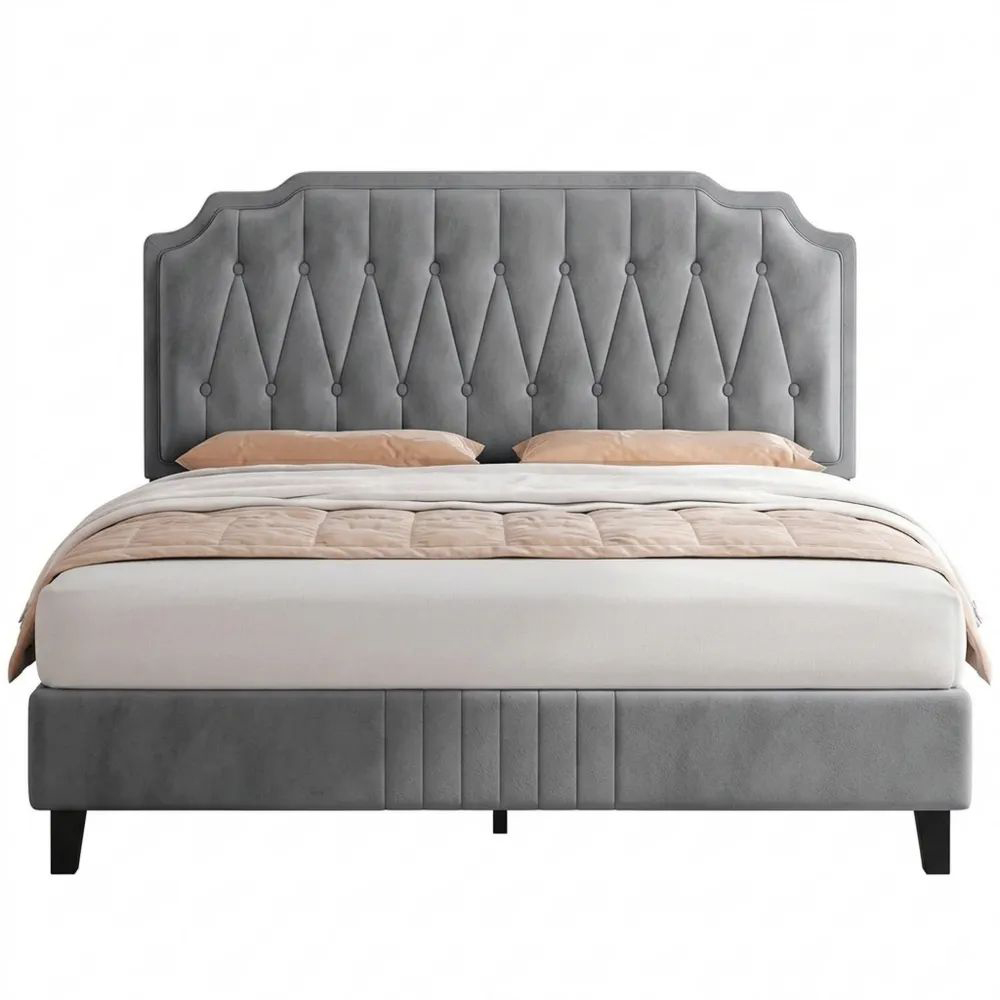 Gepolstertes Doppelbett 140 x 200 cm mit verstellbarem Kopfteil und Lattenrost, Hellgrau