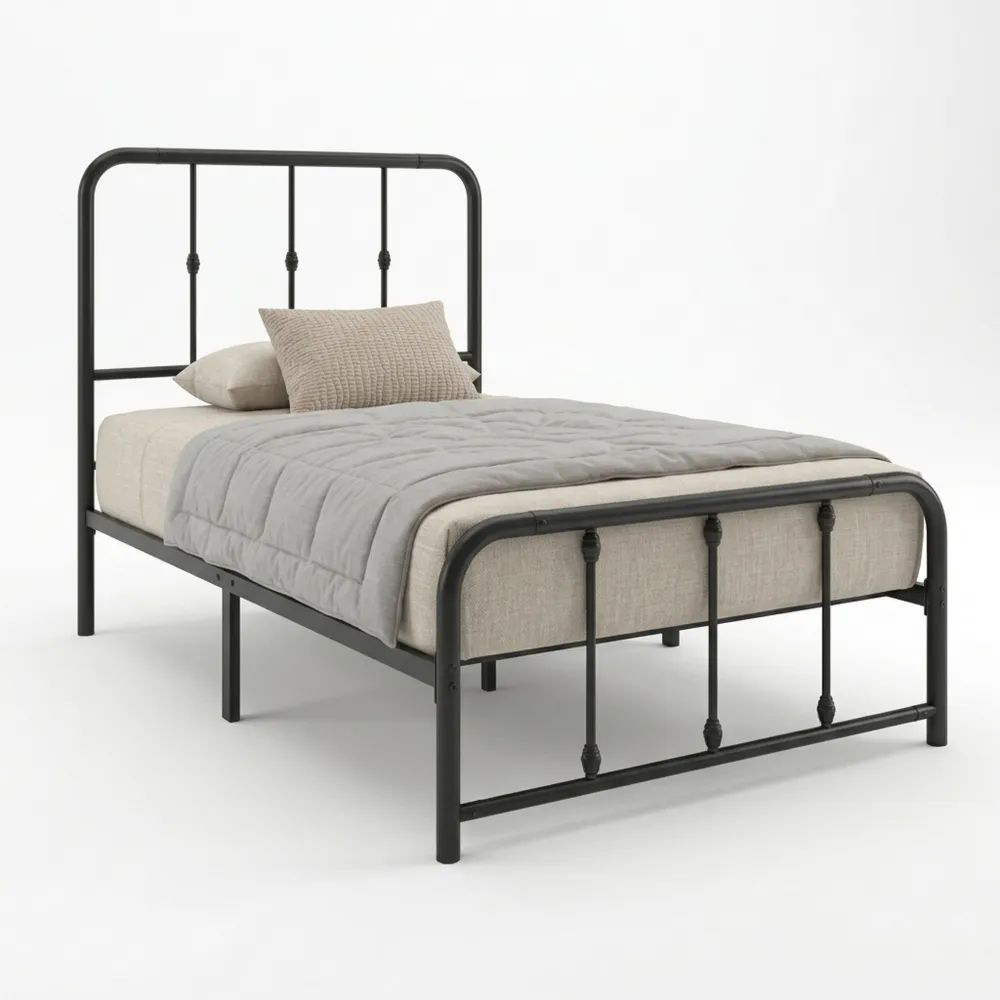Metallbett 90x200 cm mit Vintage Kopfteil und Lattenrost, schwarz