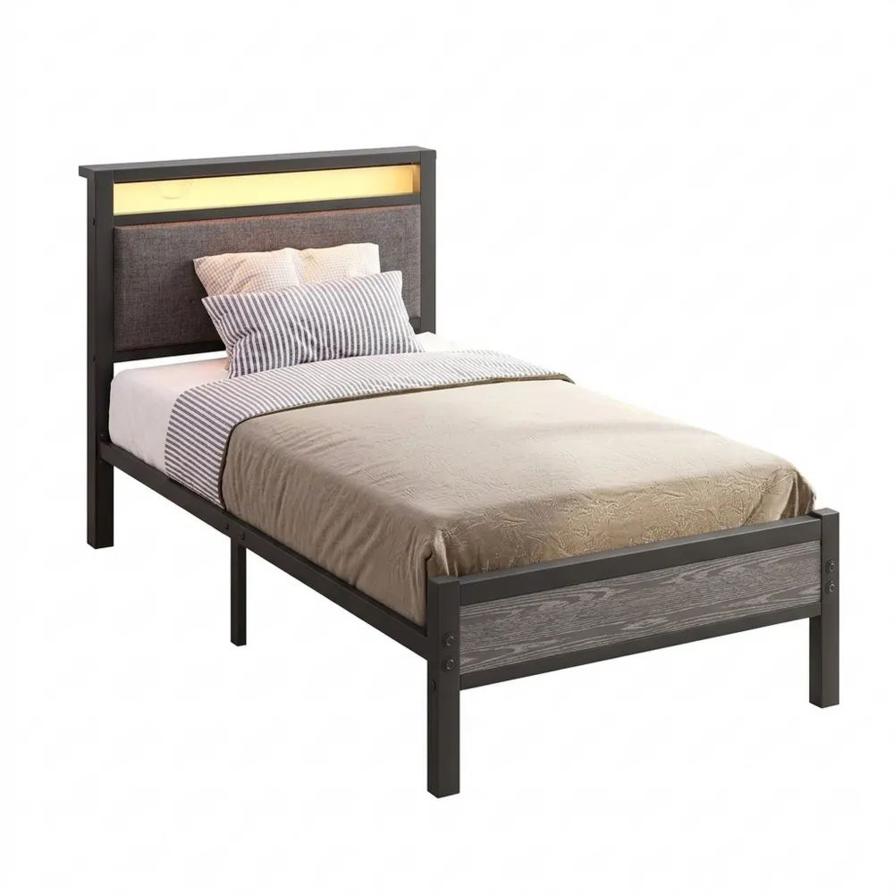 Modernes Metallbett 90x200cm mit LED und Ladestation, Lattenrost inklusive