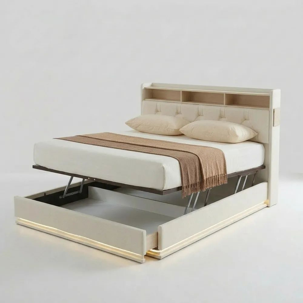 Hydraulisches Stauraumbett 140x200 cm mit LED und Regalkopfteil, Beige