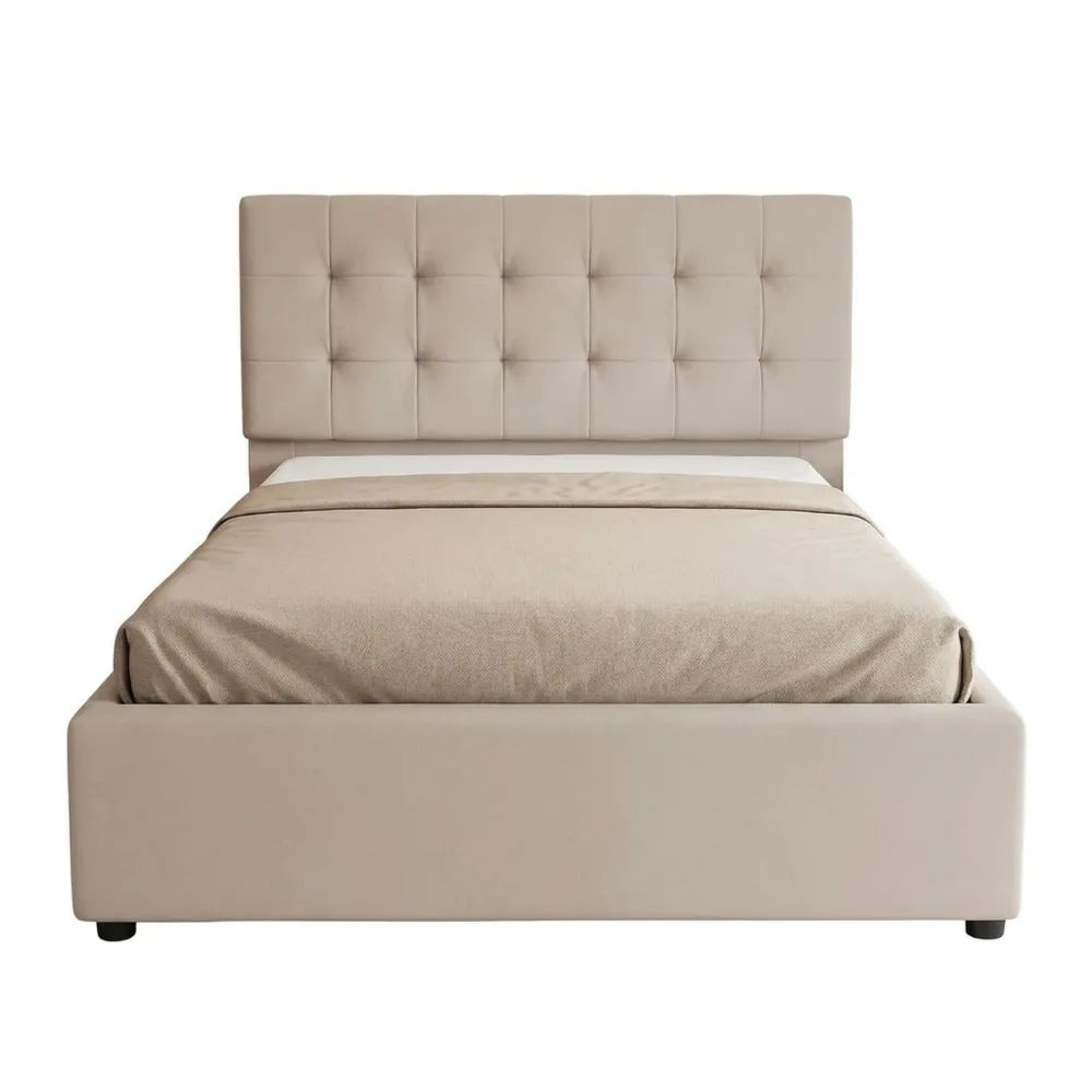 Stilvolles Einzelbett 90x200cm mit Bettkasten und verstellbarem Kopfteil, Beige Leinen