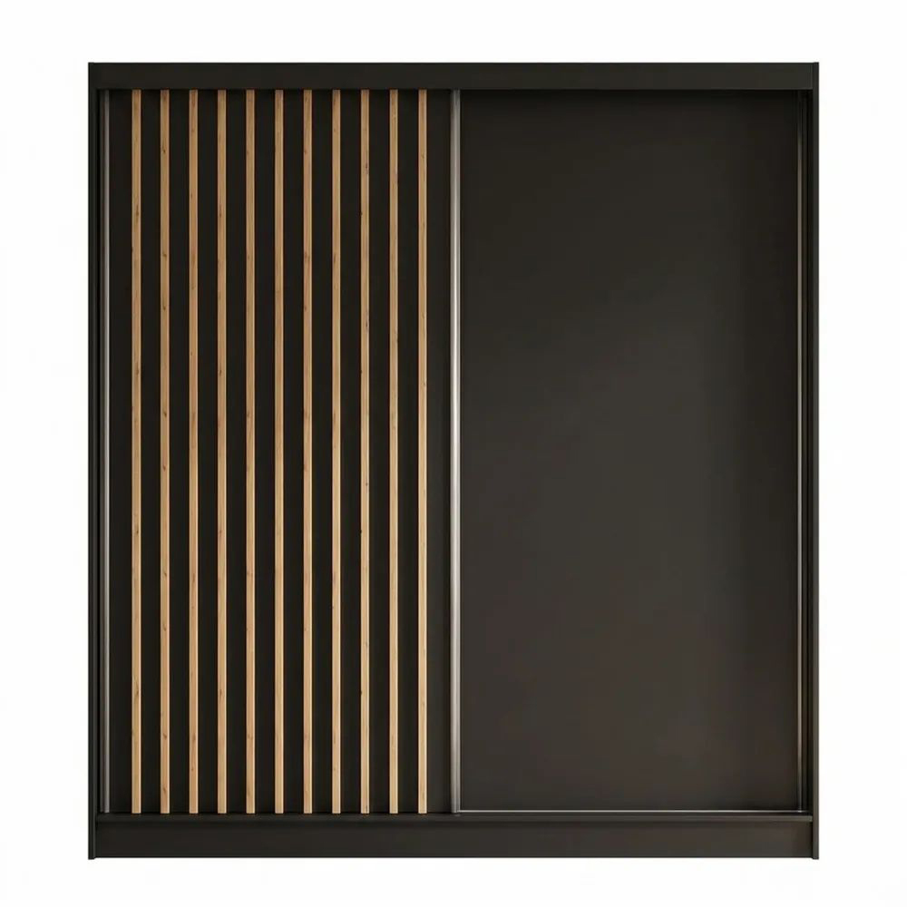 Lamellen-Kleiderschrank ohne Spiegel, vielseitiger Schwebetürenschrank, Flur-Schrank mit Kleiderstange, 150 cm, schwarz-braun