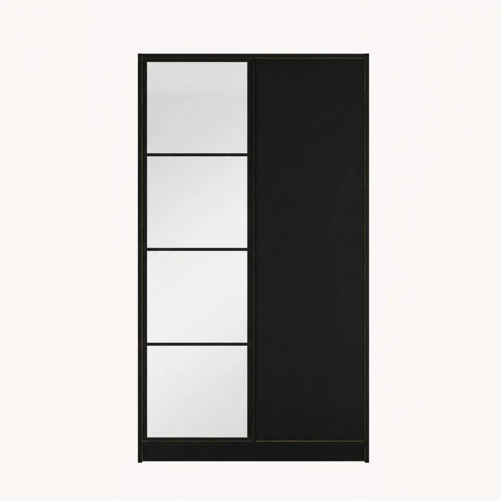 Moderner Kleiderschrank mit Spiegel und ausziehbarer Kleiderstange, 2-türig, Eiche & Schwarz, für Schlafzimmer oder Flur