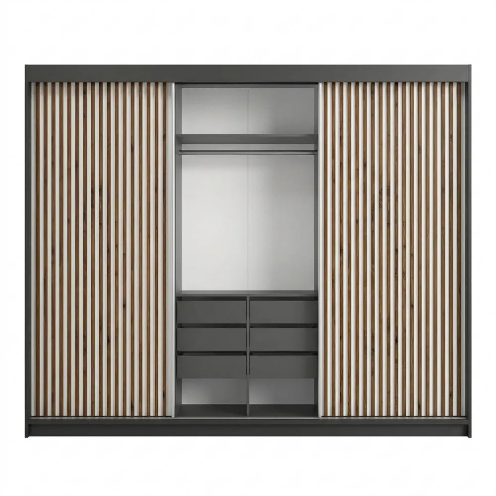 Moderner Kleiderschrank mit Spiegel und Schubladen, 3-türig, 200 cm, Schwarz