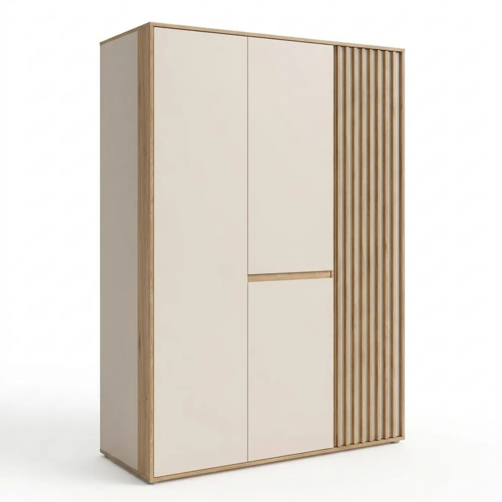 Moderner Kleiderschrank mit Lamellendesign, 3-türig, Eiche Holzdekor, Beige, 128,7 cm x 200,1 cm x 54 cm