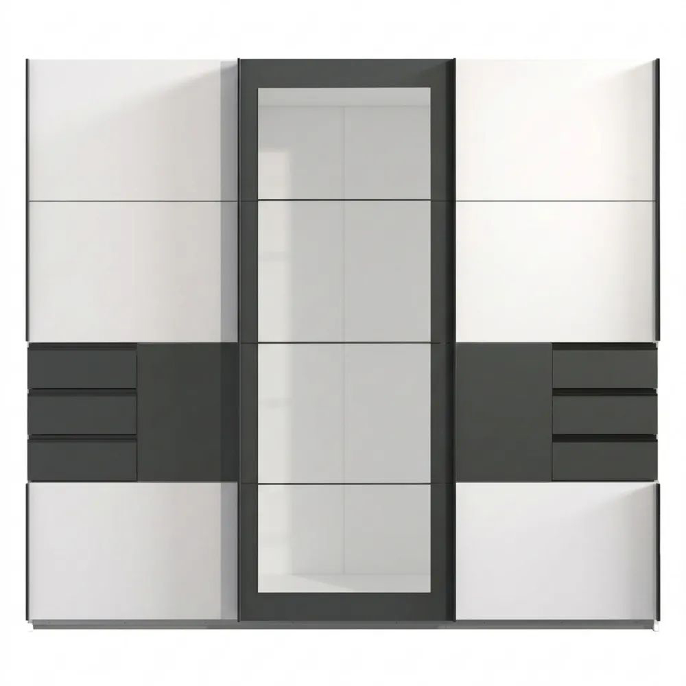 Schwebetürenschrank 3-türig in Weiß mit Grafit-Akzenten und Spiegeltür