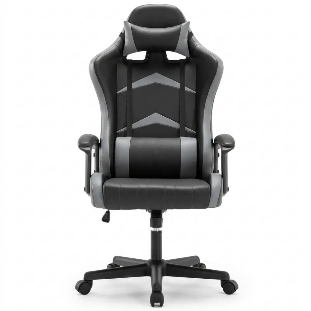 Ergonomischer Gaming-Bürostuhl mit verstellbaren Kissen und hoher Rückenlehne, grau