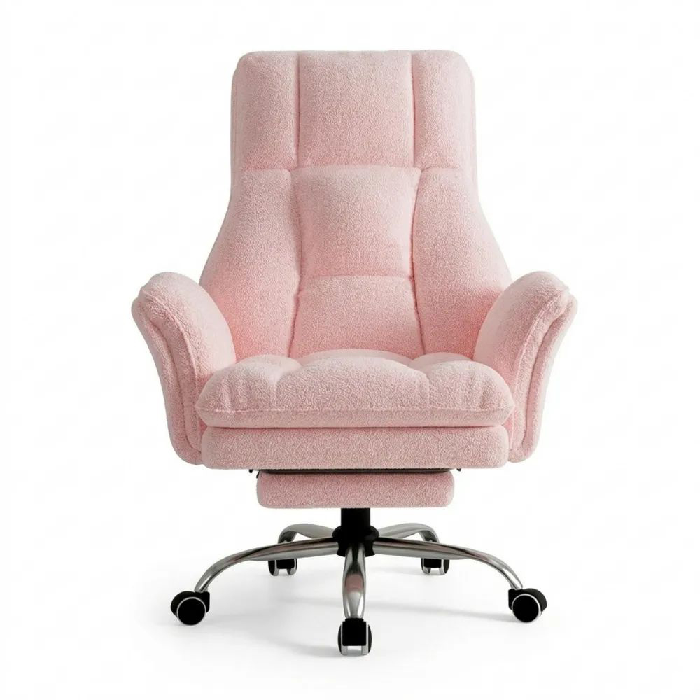 Ergonomischer Bürostuhl mit Fußstütze und Verstellbarer Rückenlehne, Drehstuhl mit Klappbaren Armlehnen, Hochlehner aus Teddy-Fleece in Rosa