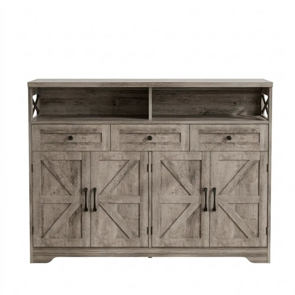 Moderner Küchenschrank mit Schubladen und offenem Regal, vielseitig für Küche und Wohnzimmer