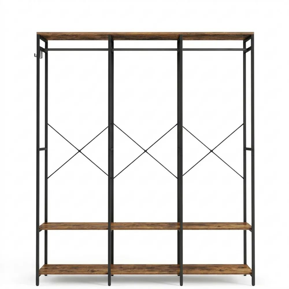 Offener Kleiderschrank mit Kleiderstange und Ablagen, abnehmbare Haken, 40 x 141 x 180 cm, vintagebraun