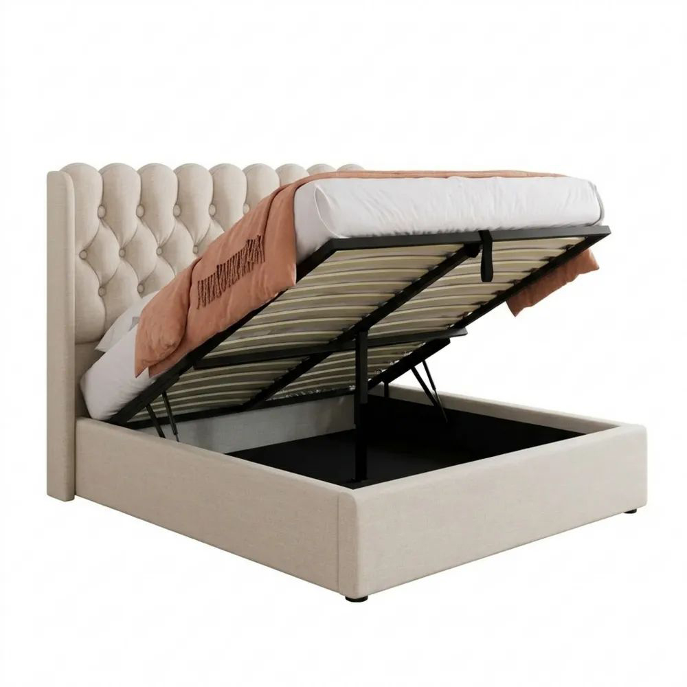 Hydraulisches Polsterbett 160x200cm mit Leselicht und USB-Ladefunktion, Stauraumbett mit Lattenrost, Leinenbezug, Stilvoll Jugendbett, Ohne Matratze