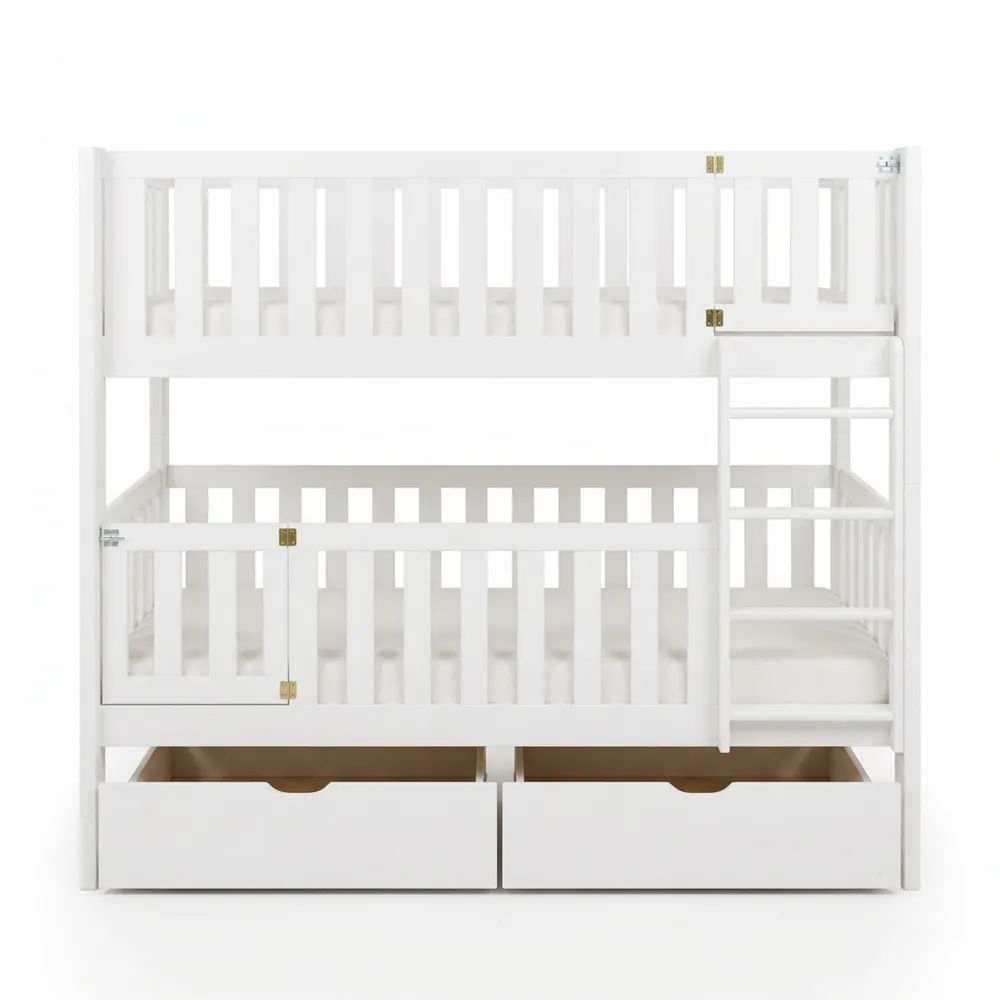 Etagenbett mit Schubladen, umbaubar zu Einzelbetten, 80x180 cm, Kiefer Weiß