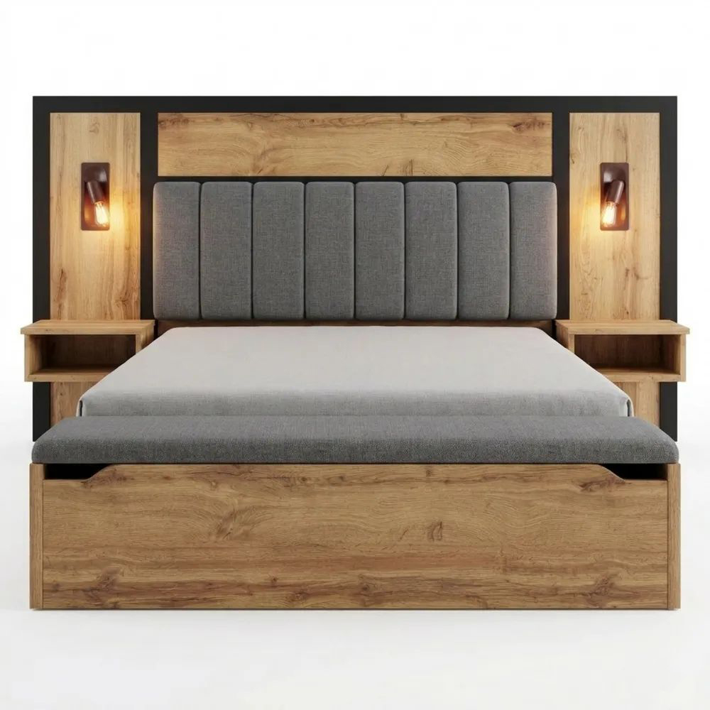 Polsterbett mit Leselampe und USB-C-Nachttisch, Stauraum-Sitzbank, Metall-Lattenrost, Eiche (180x200cm)