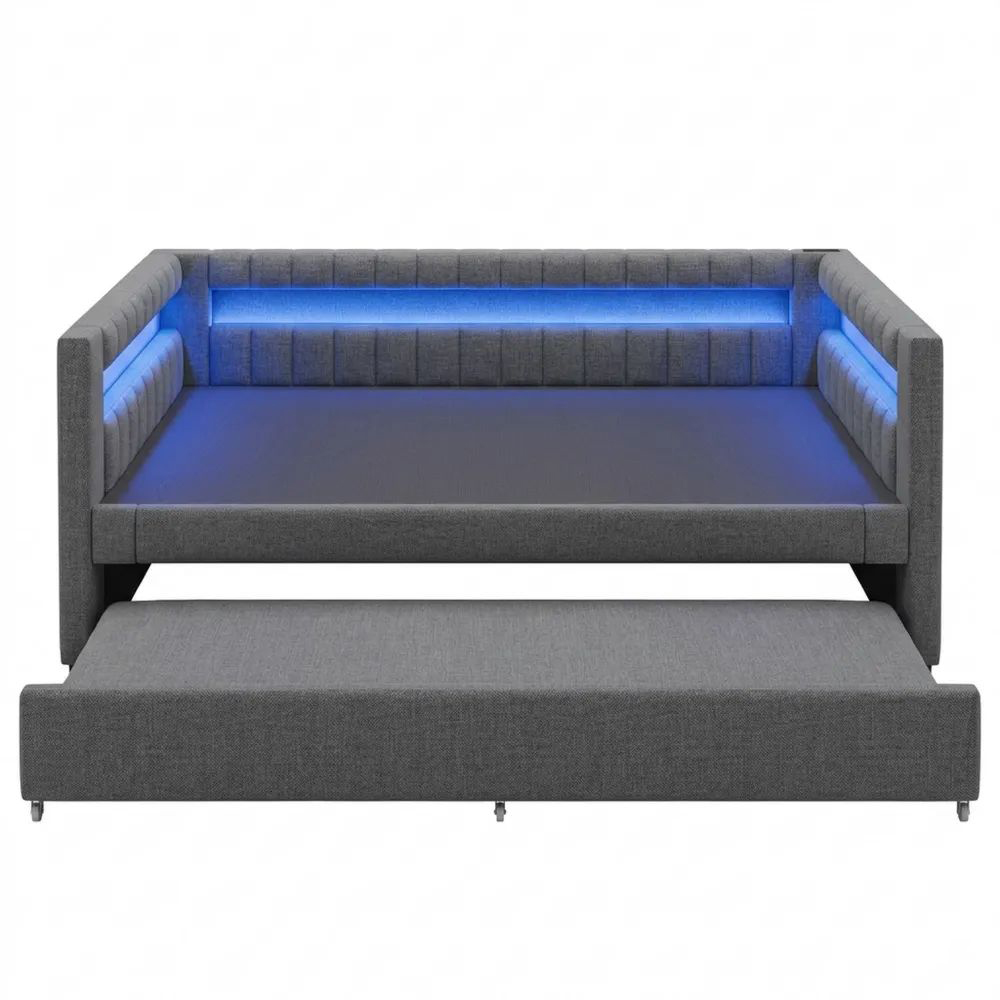 Multifunktionales Polster-Sofabett mit Lattenrost und LED-Lichtleiste, 140x200 cm