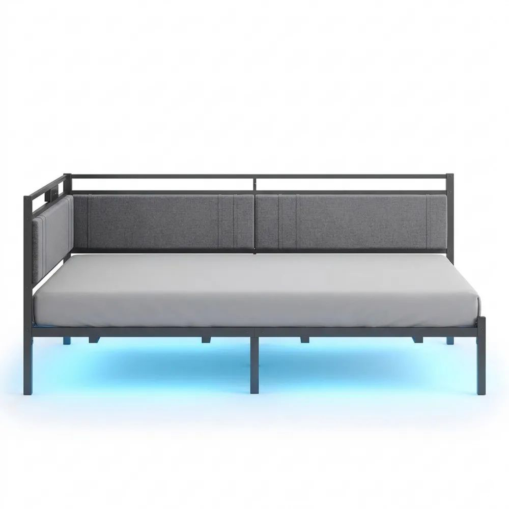 Gemütliches Schlafsofa mit Schubladen und LED-Beleuchtung, 90x200 cm, Grau und Schwarz