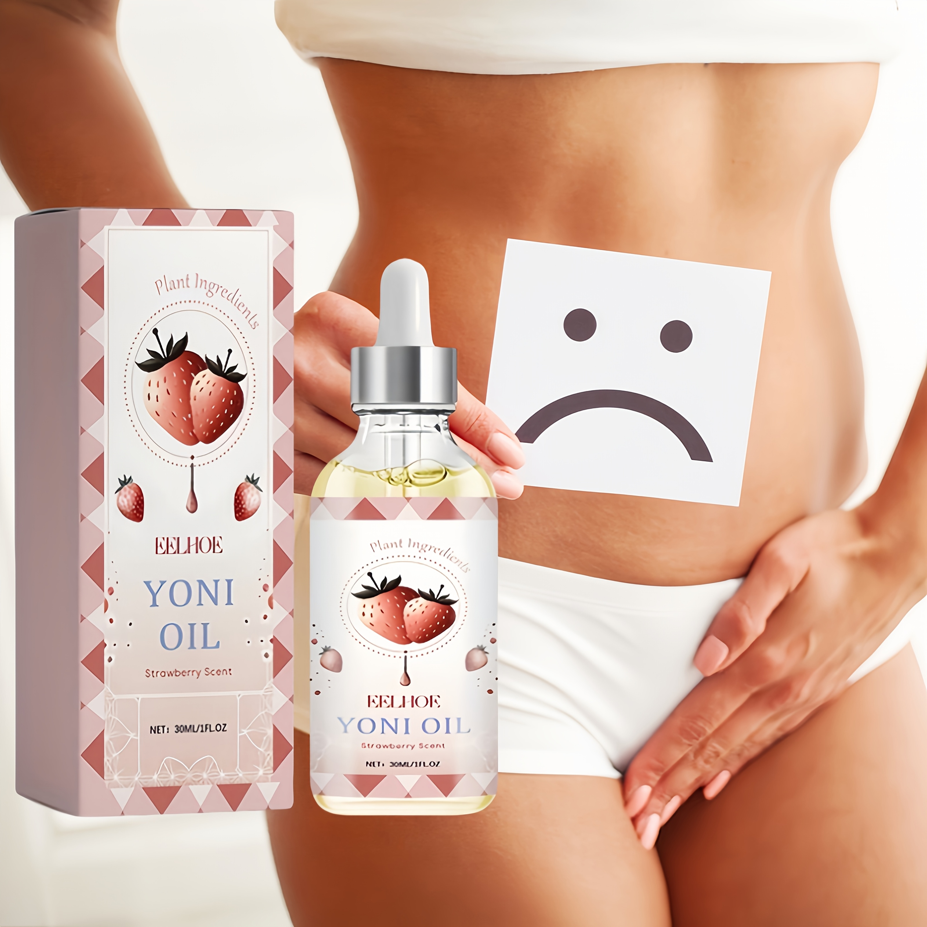 Private skin care, essential oil, 30 ml - 1 fluid ounce, containing strawberry seed oil, wormwood oil and clove flower oil, moisturizing, for female care, for external abdomen and private parts protection of women.