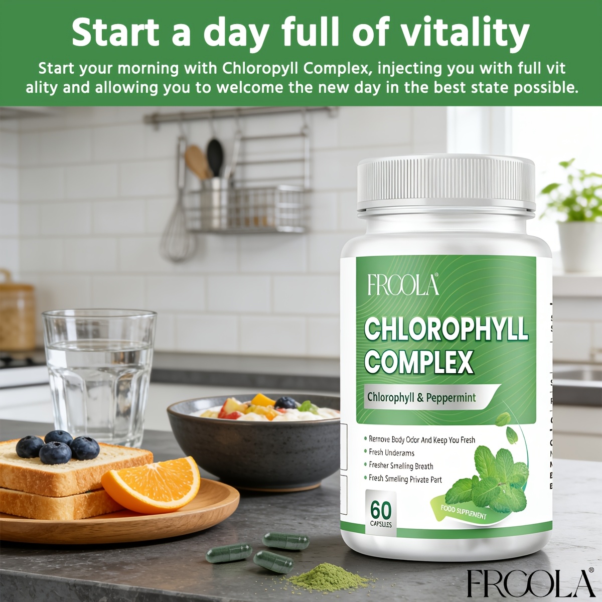 Cyanobacteria Capsules - Long-lasting freshness, control of underarm and body odors, rich in mint leaves, chlorophyll and cyanobacteria vitamins supplements - Health and household products