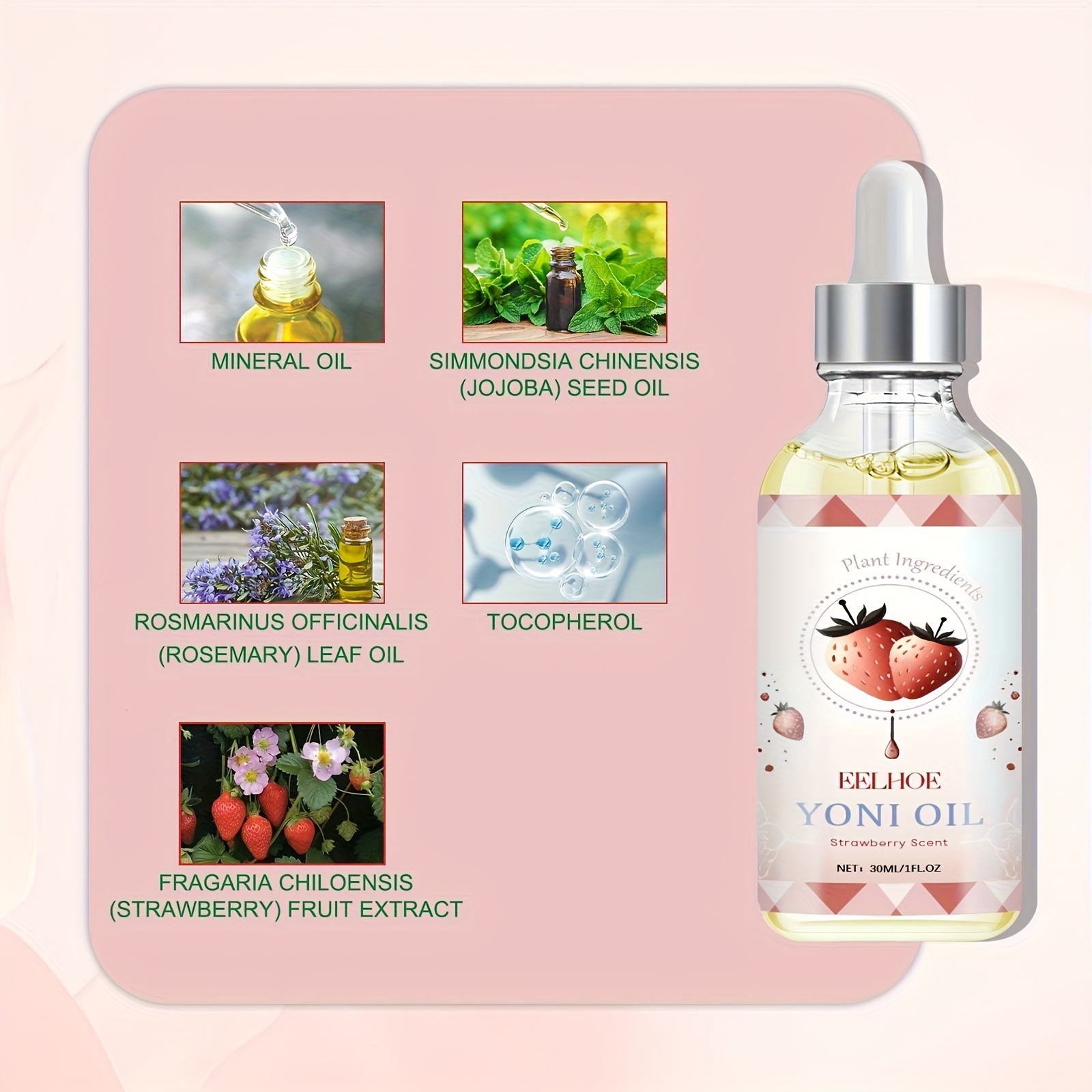 Private skin care, essential oil, 30 ml - 1 fluid ounce, containing strawberry seed oil, wormwood oil and clove flower oil, moisturizing, for female care, for external abdomen and private parts protection of women.