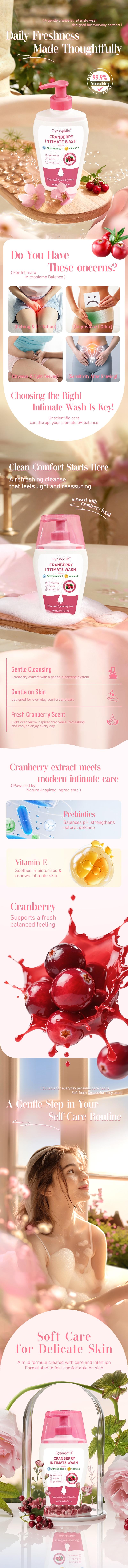 Cranberry PH Balanced Feminine Wash with Probiotic Complex & Vitamin E &ndash; Gentle Daily Cleanser for Fresh & Healthy Balance, 200ml