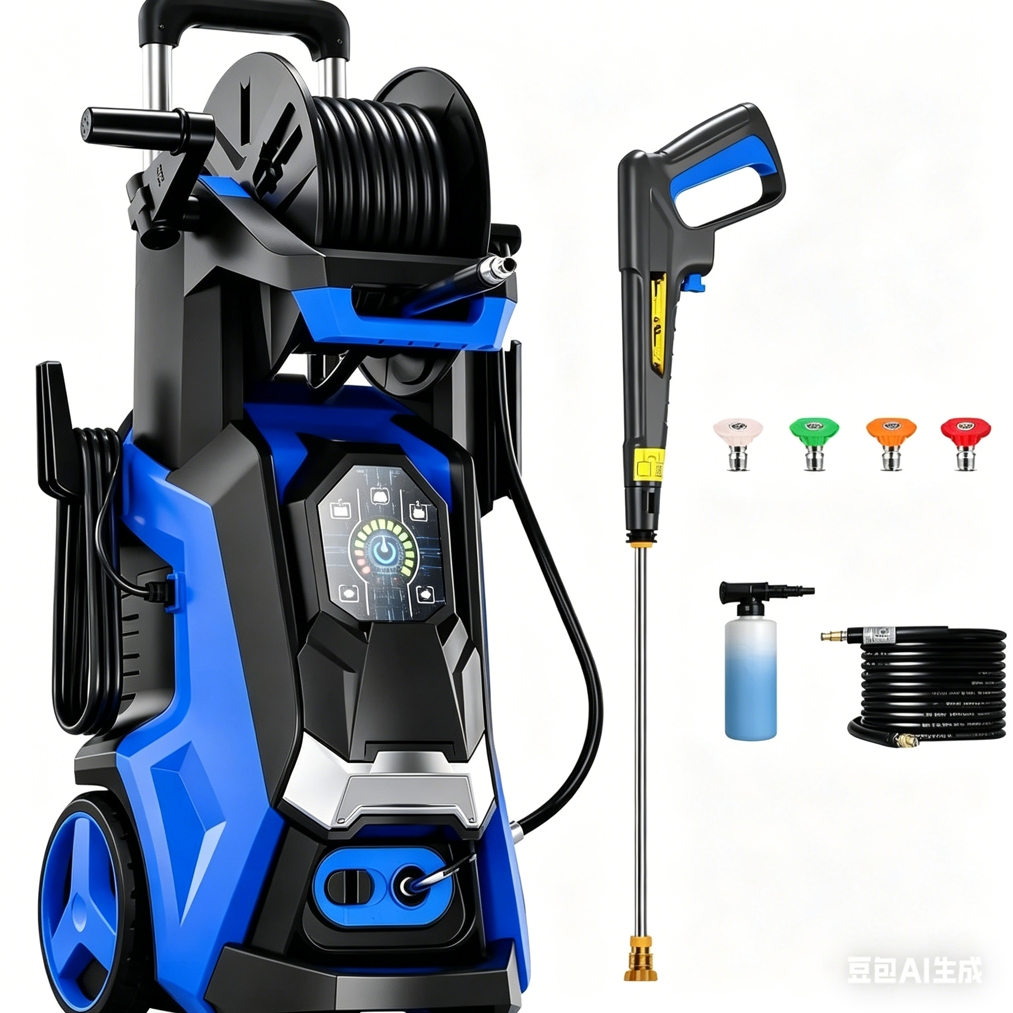 Hidrolimpiadora eléctrica de alta presión (2800 PSI, 1.9 GPM) con pantalla táctil, presión ajustable, 4 boquillas y cañón de espuma de 500 ml para la limpieza de patios.