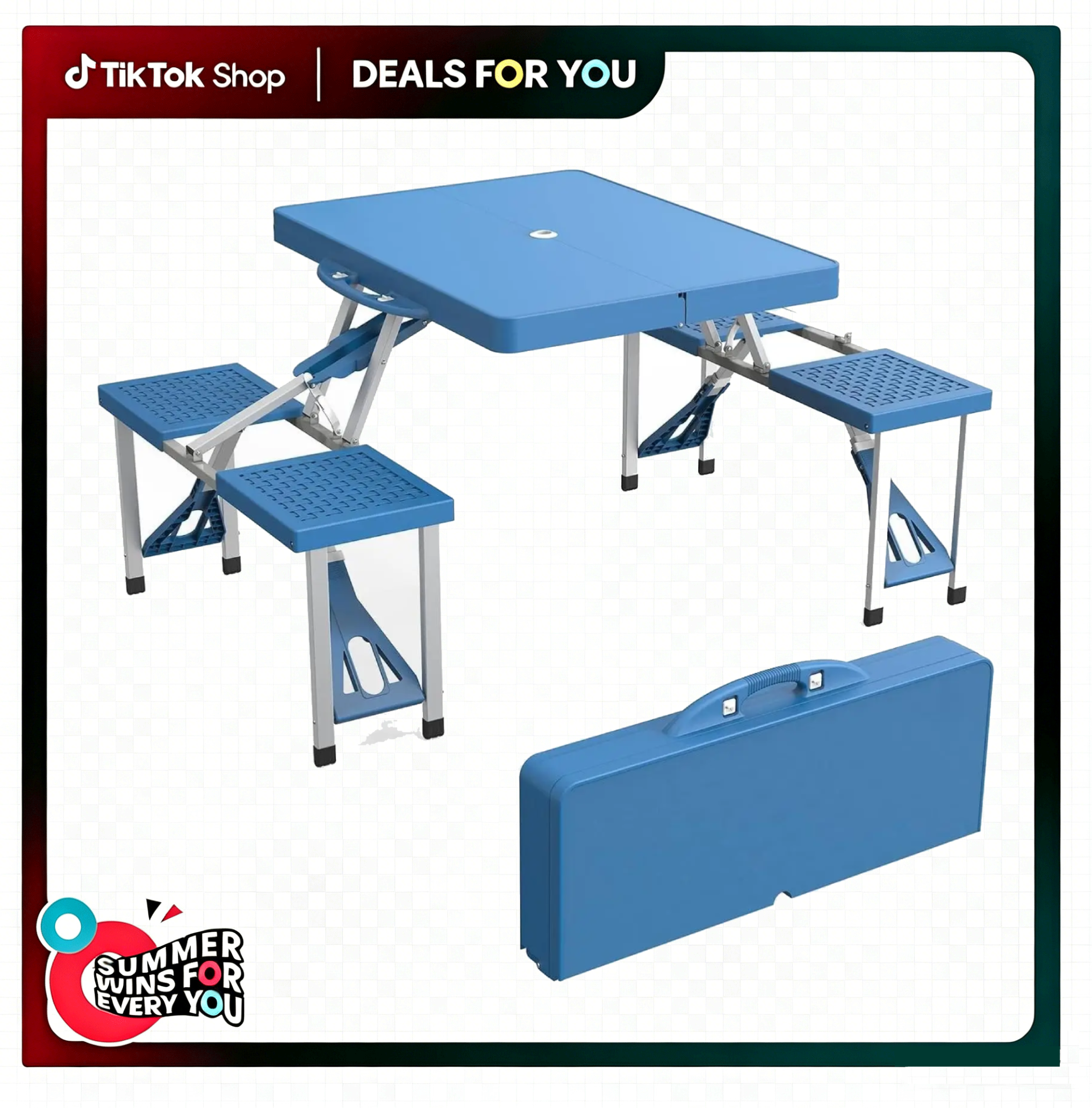 【Ambiente veraniego】Ubesgoo: Mesa de picnic plegable y portátil de 4 pies (aprox. 1,2 m) con 4 asientos y orificio para sombrilla; diseño tipo maletín, estructura de aluminio y tablero de plástico; soporta hasta 220 libras (100 kg); ideal para jardín, cam