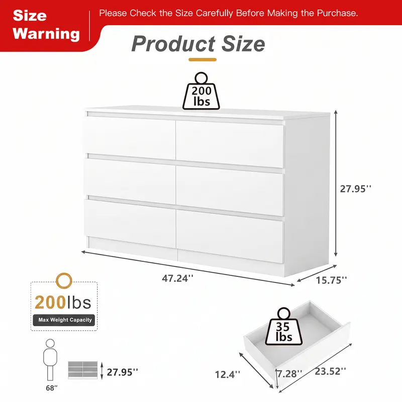 Cómoda moderna Spaco de 6 cajones para dormitorio (blanca): mueble ancho de madera con cajones profundos de deslizamiento suave; mueble de almacenamiento grande para interiores, ideal para apartamentos y decoración del hogar.