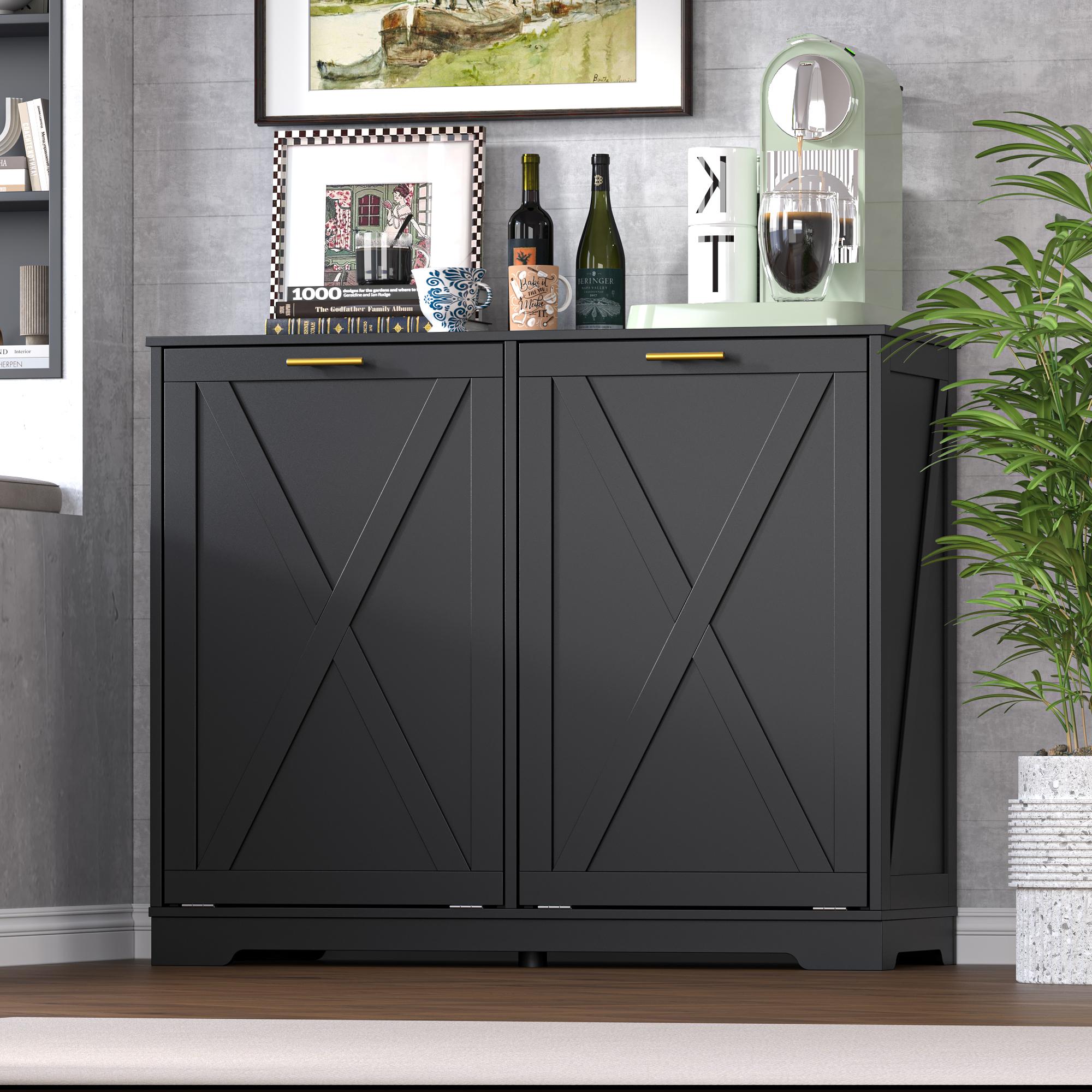 Tilt Out Trash  Cabinet for 2 Bins, Hidden Recycle Garbage Bin Enclosure, Wooden Double Laundry Cabinet with Odor Control, Negative Ion & Ozone, for Kitchen, Bathroom, Laundry Room,dorm essentials,home decor