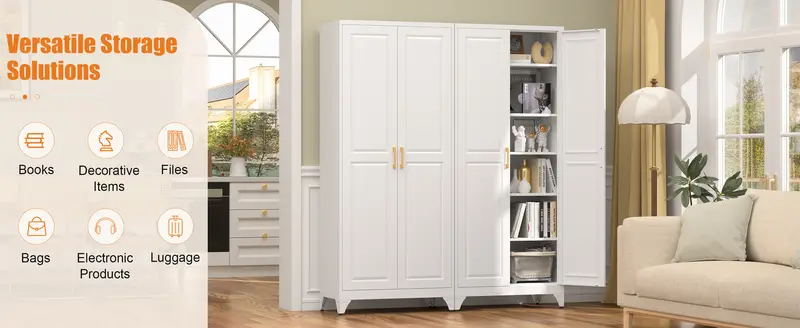 POLUP 75” Metal Frame Closed Cupboard Furniture - Rectangular Food Storage Cabinet with 5 Adjustable Removable Shelves, 2 Gold Handles, Multiple Compartments, Requires Assembly, Modern Indoor Kitchen Pantry Furniture POLUP 75” Metal Frame Closed Cupboard Furniture - Rectangular Food Storage Cabinet with 5 Adjustable Removable Shelves, 2 Gold Handles, Multiple Compartments, Requires Assembly, Modern Indoor Kitchen Pantry Furniture