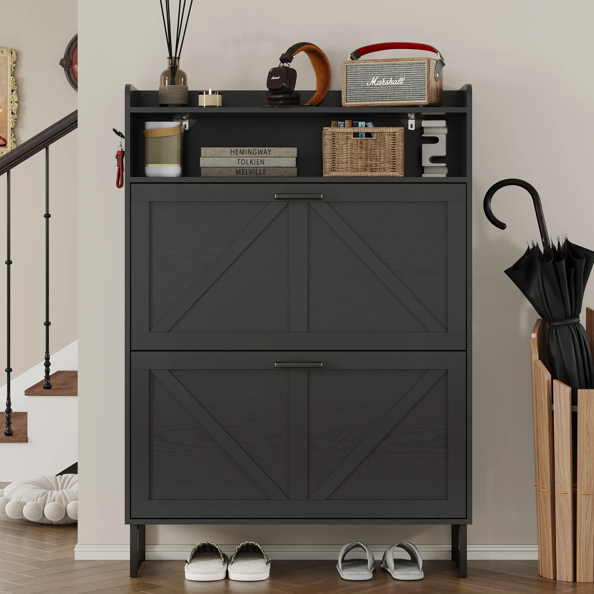 Zapatero abatible independiente de doble cajón | Armario de almacenamiento de madera de diseño estilizado con estantes ocultos | Zapatero para pasillo, sala de estar y dormitorio