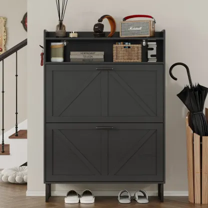 Zapatero abatible independiente de doble cajón | Armario de almacenamiento de madera de diseño estilizado con estantes ocultos | Zapatero para pasillo, sala de estar y dormitorio