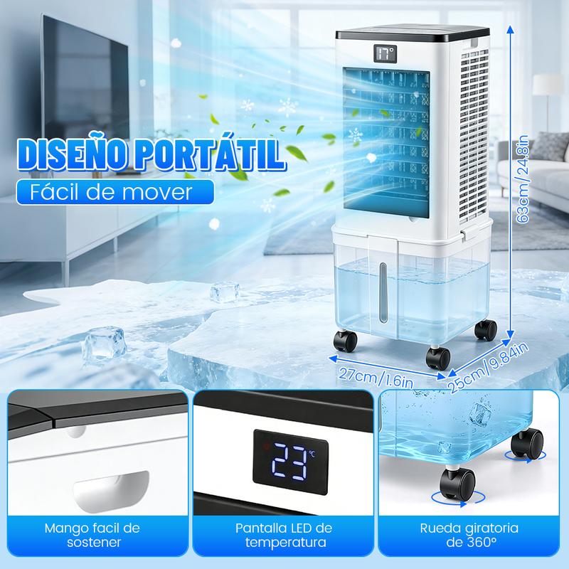 3 en 1 Aire Acondicionado Portátil, Enfriador de Aire Portátil con Tanque Con tanque de agua de 12L, control remoto y temporizador, y 4 cajas de cristales de hielo, Ideal para El hogar Dormitorio y Pequeñas Habitaciones