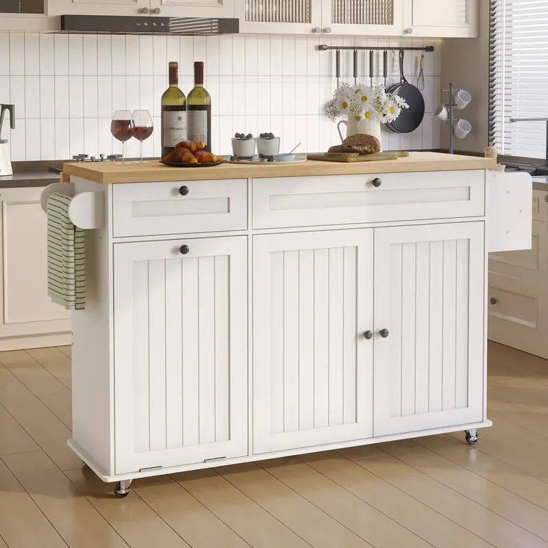 Isla de cocina ONBRILL de 60 pulgadas con toma de corriente y superficie abatible; isla móvil con especiero, toallero y soporte para cuchillos; carrito isla con compartimento para basura; mesa isla móvil para cocina.