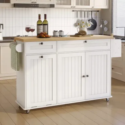 Isla de cocina ONBRILL de 60 pulgadas con toma de corriente y superficie abatible; isla móvil con especiero, toallero y soporte para cuchillos; carrito isla con compartimento para basura; mesa isla móvil para cocina.