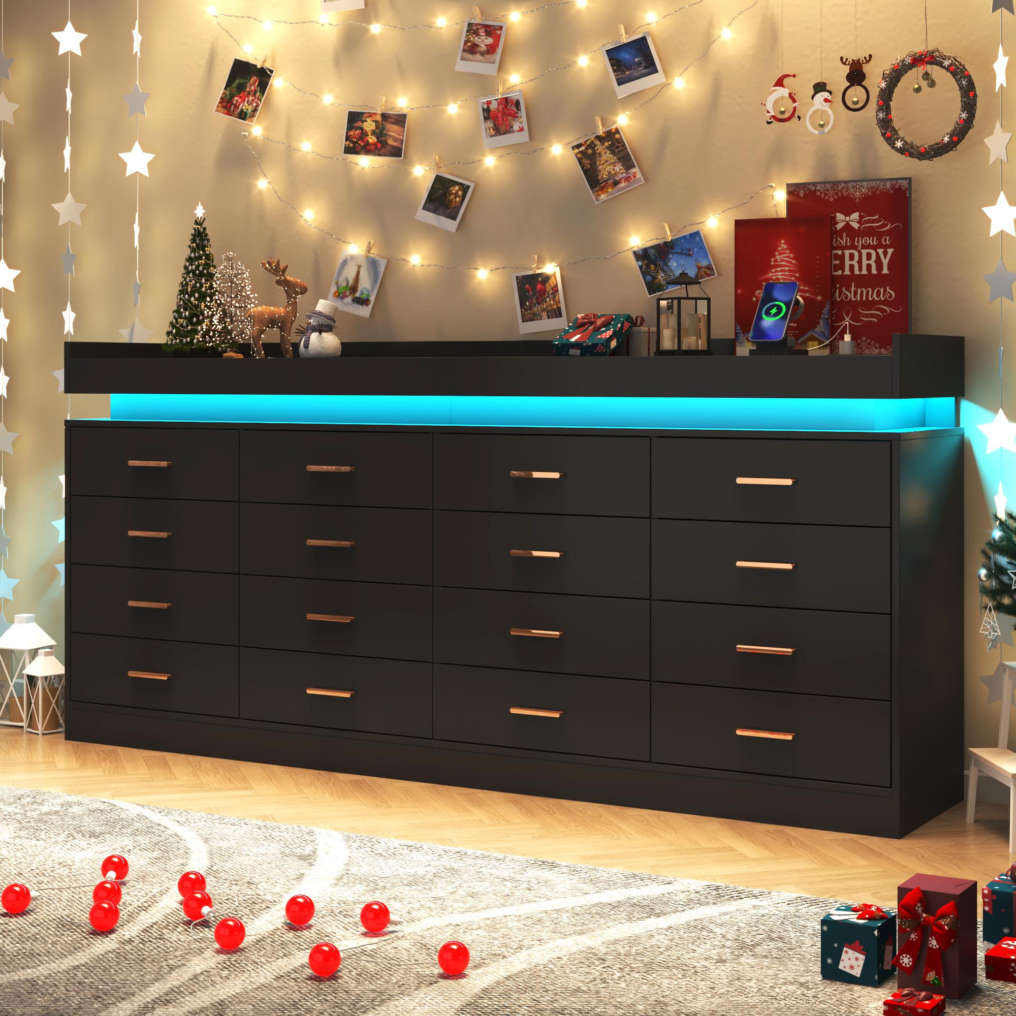 Dresser with LED Light and Charging Station, Modern Chest of Drawers for Closet, Wide Drawer Organizer Cabinet for Bedroom, Living Room, Entryway, Hallway