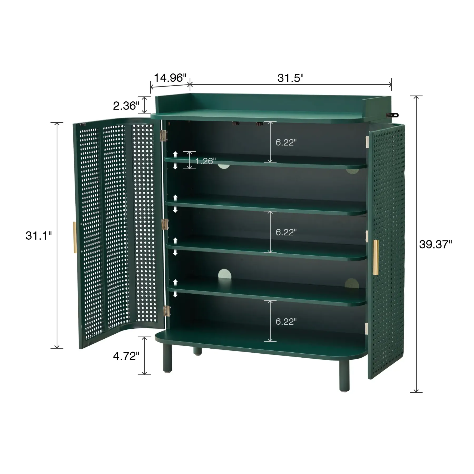 Zapatero Giratree de 5 niveles: mueble organizador de madera estilo boho con estantes ajustables y puertas curvas de hierro y ratán; mueble decorativo ideal para la entrada, el pasillo o la sala de estar.