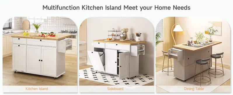 【FallDealsForYou】ONBRILL 60" Kitchen Island with Power Outlet & Drop Leaf, Kitchen Rolling Island with Spice Rack & Towel Rack, Knife Holder, Kitchen Island Cart with Trash Storage Cabinet, Mobile Island Table for Kitchen