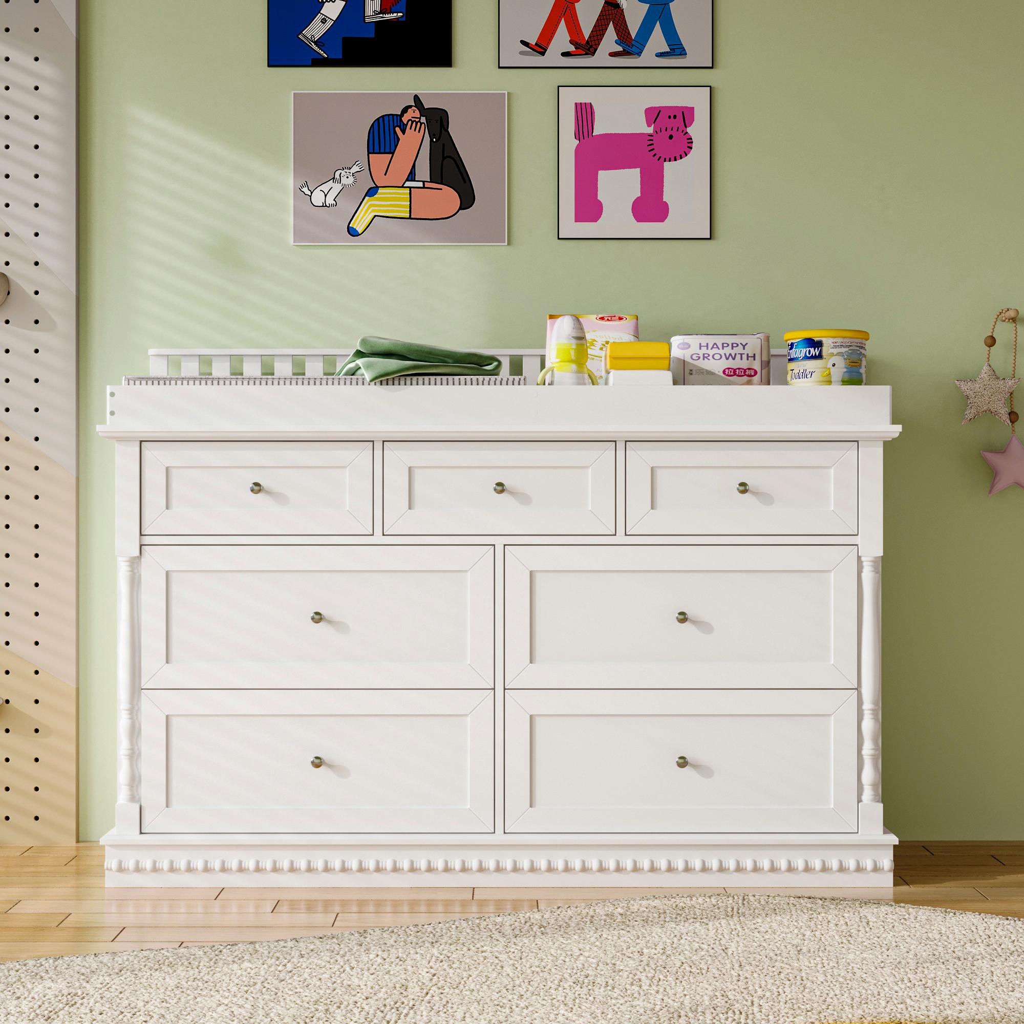 Deborah Changing Table Dresser Antique White with Exposed Shelves,5 Exposed Drawers & Space for Changing Pad, High-Quality Engineered Wood