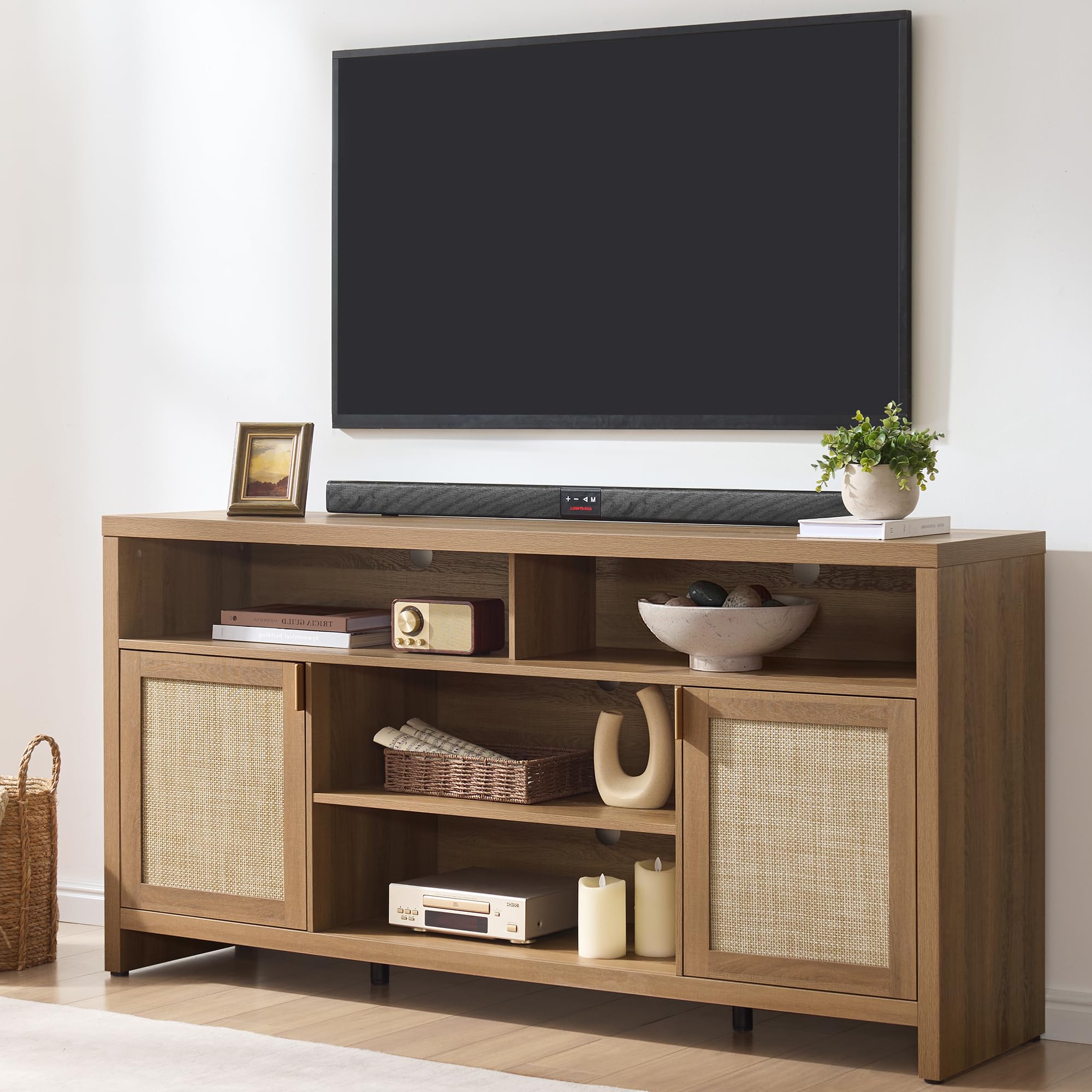 【SohoChic】SICOTAS TV Stand for Living Room Boho Entertainment Center for Bedroom with 4 Rattan Cabinets Farmhouse Television Stands with Storage Large Wood Media Console Table for TVs up to 45 50 55 60 65 Inch