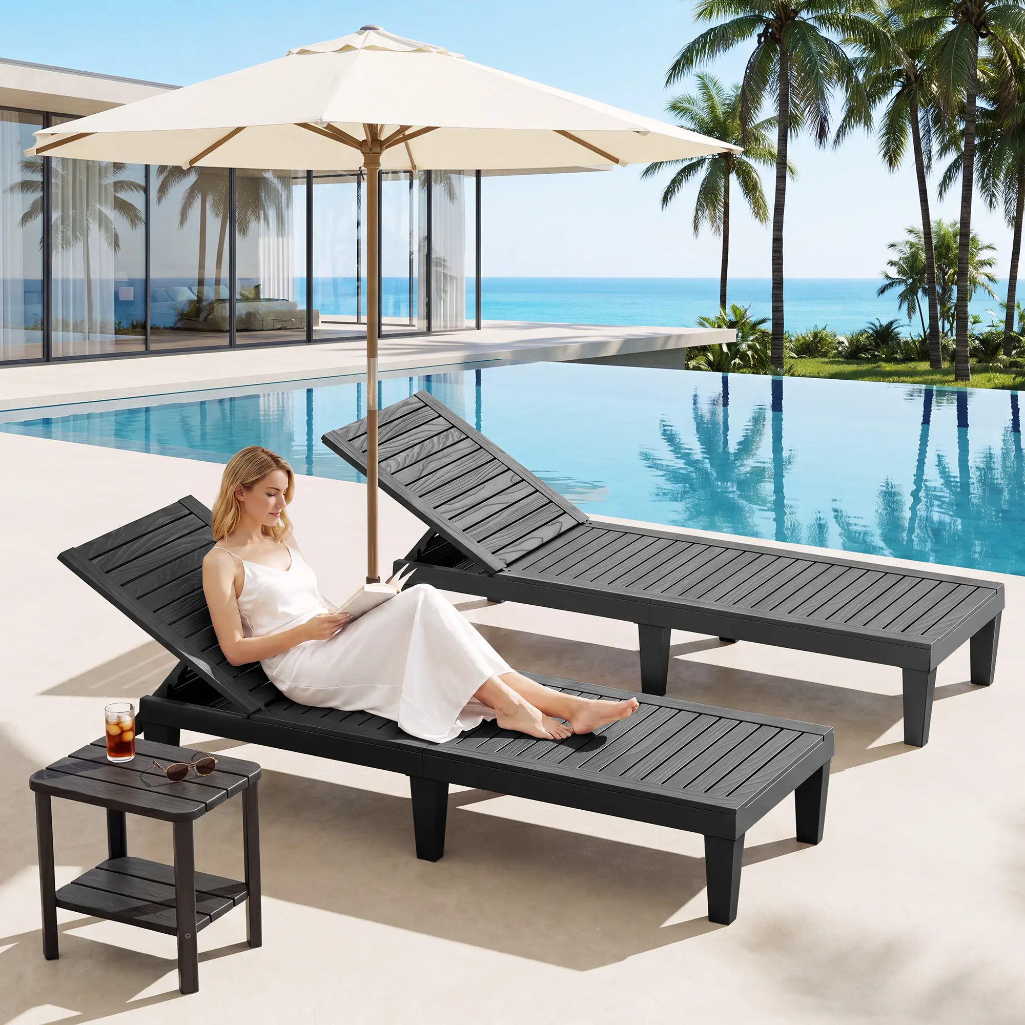 RIWENGO - Juego de 2 tumbonas para patio; sillas reclinables ajustables para exteriores, ideales para piscina, jardín, patio trasero o terraza.