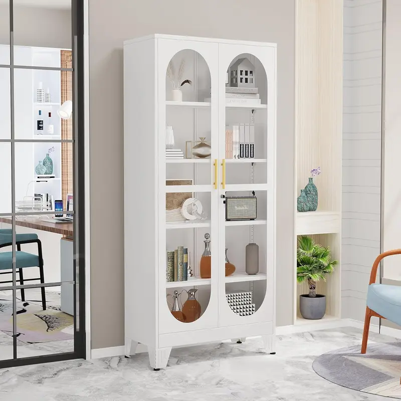 Vitrina metálica resistente de 180 cm de altura con puerta de cristal con cerradura, mueble de cinco niveles con cuatro estantes ajustables, ideal para bar en casa y almacenamiento de utensilios para vajilla, objetos de colección y archivos.
