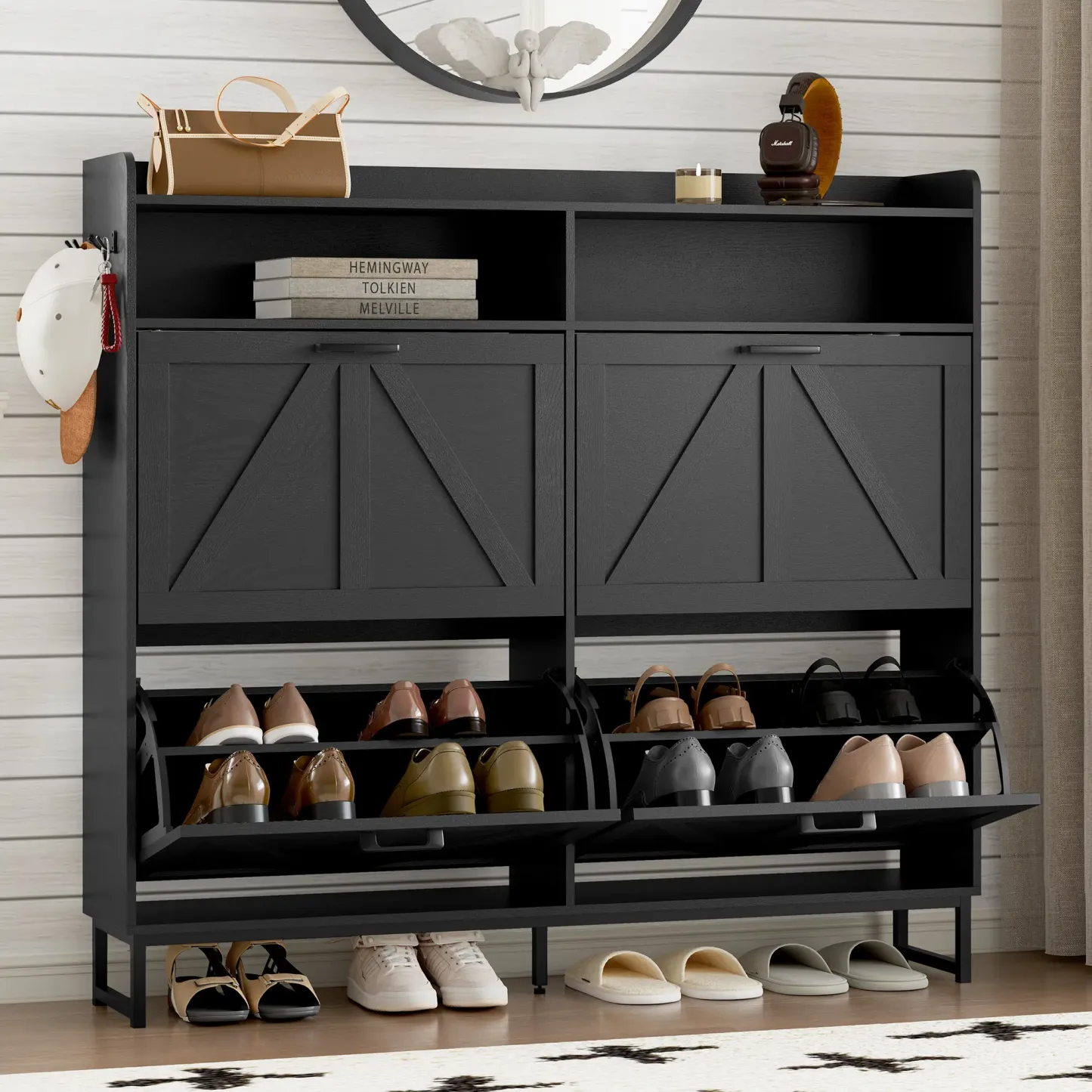 Zapatero abatible independiente de doble cajón | Armario de almacenamiento de madera de diseño estilizado con estantes ocultos | Zapatero para pasillo, sala de estar y dormitorio