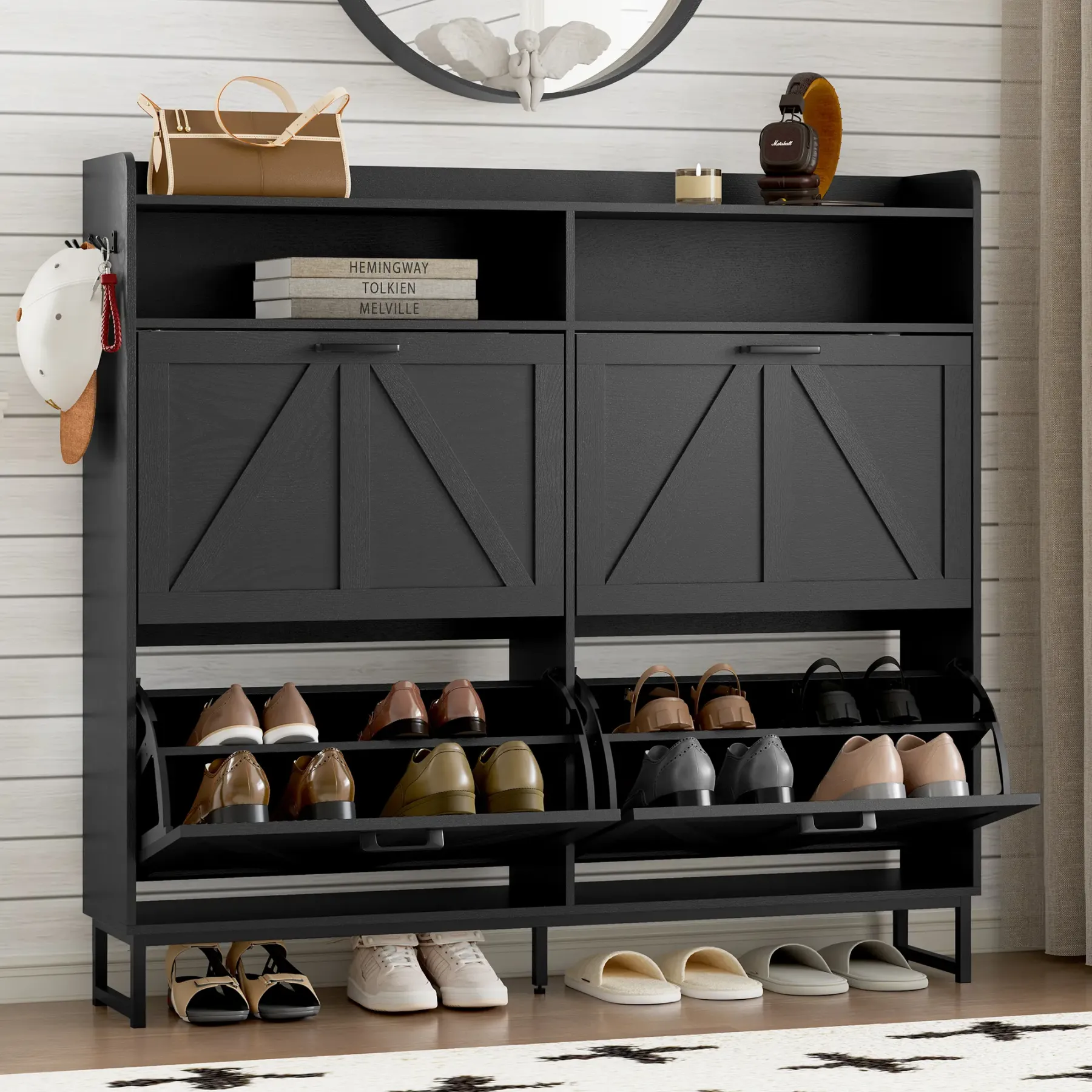 Zapatero abatible independiente de doble cajón | Armario de almacenamiento de madera de diseño estilizado con estantes ocultos | Zapatero para pasillo, sala de estar y dormitorio