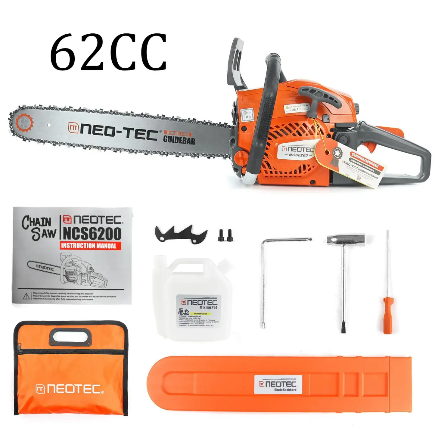Motosierra de gasolina NEOTEC de 58 cc/62 cc con mezcla de gasolina y aceite 25:1; diseño ligero y portátil para cortar madera fácilmente en jardines y exteriores.