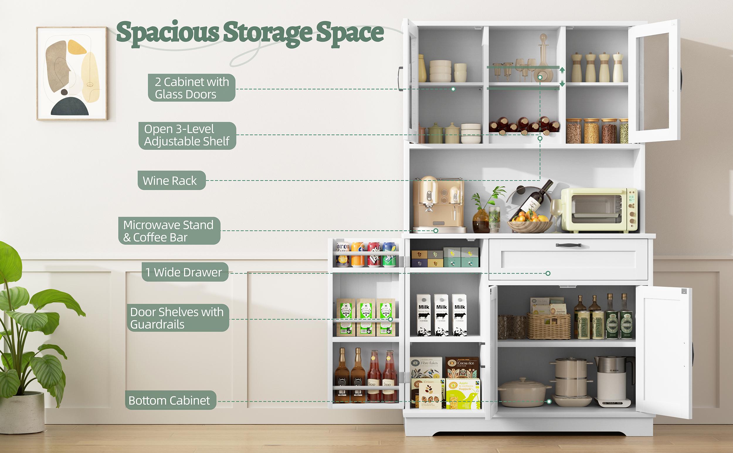 Walsunny Adjustable Kitchen Pantry Storage Cabinet, Freestanding Buffet Cabinet with Microwave Stand, 4 Door Shelves, Adjustable Shelves & Wine Rack, White