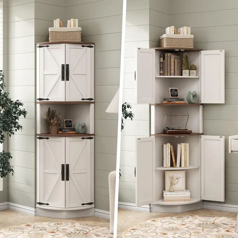 Armario esquinero de madera estilo granja (64,8" de altura): 4 puertas, 5 estantes de almacenamiento, puerta tipo granero, diseño en ángulo recto de 90°, anclaje de pared antivuelco, 22" (ancho) x 15,6" (profundidad) x 64,8" (altura); mueble que ahorra es